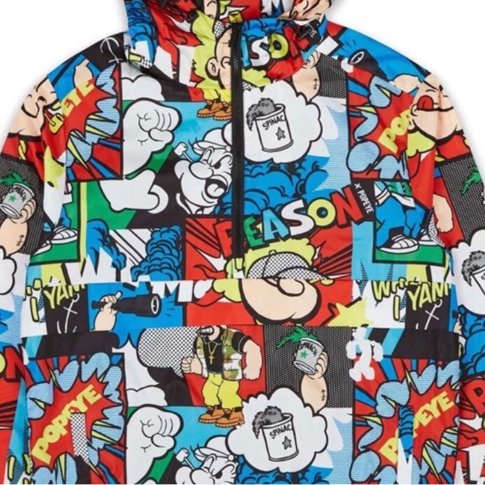 Reason Popeye Multicolor Graphic Jacket All Over Comic print Rain Windbreaker - Picture 5 of 10